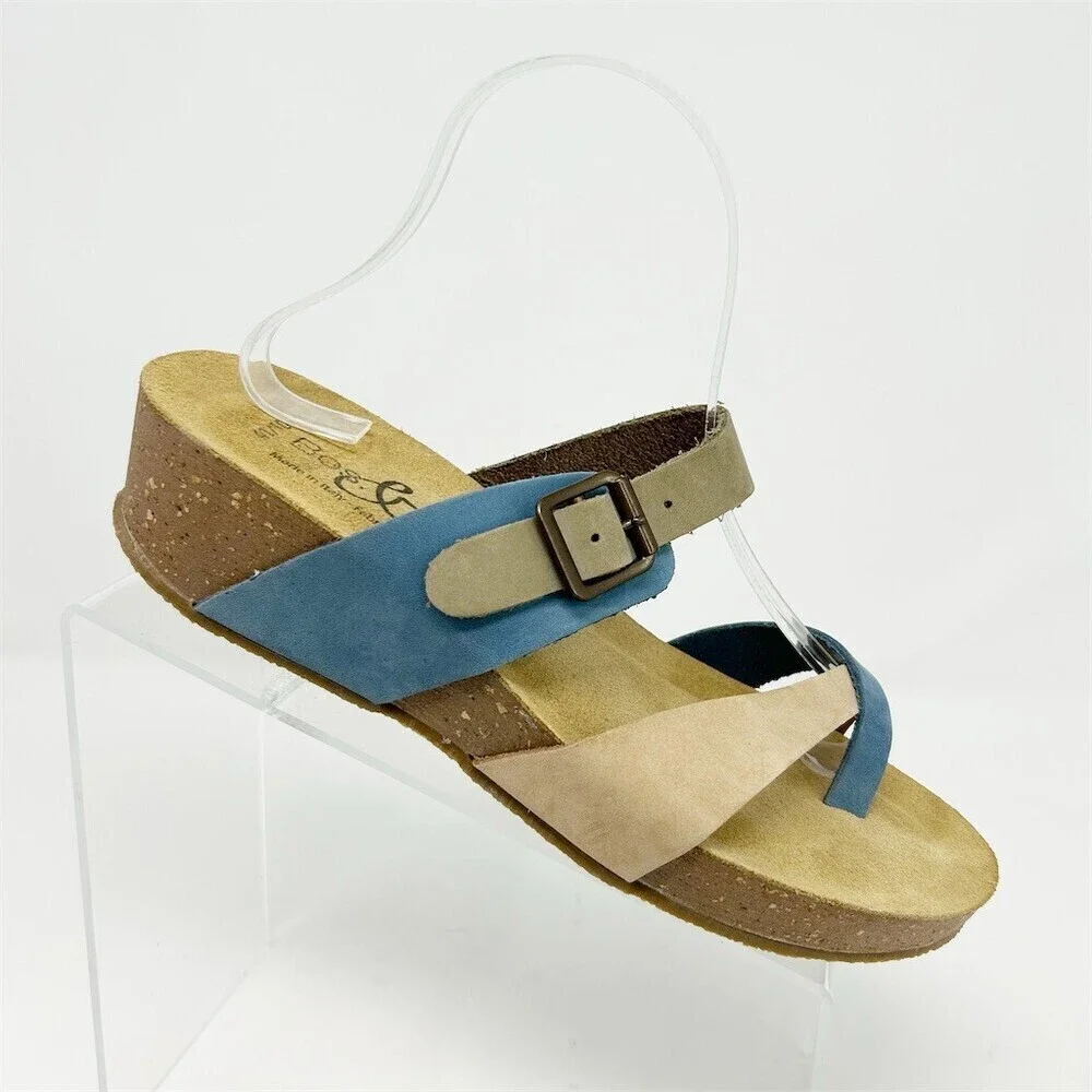 Bos & Co. Womens Blue Tan Slip On Wedge Thong Sandals Size 10 Made in Italy